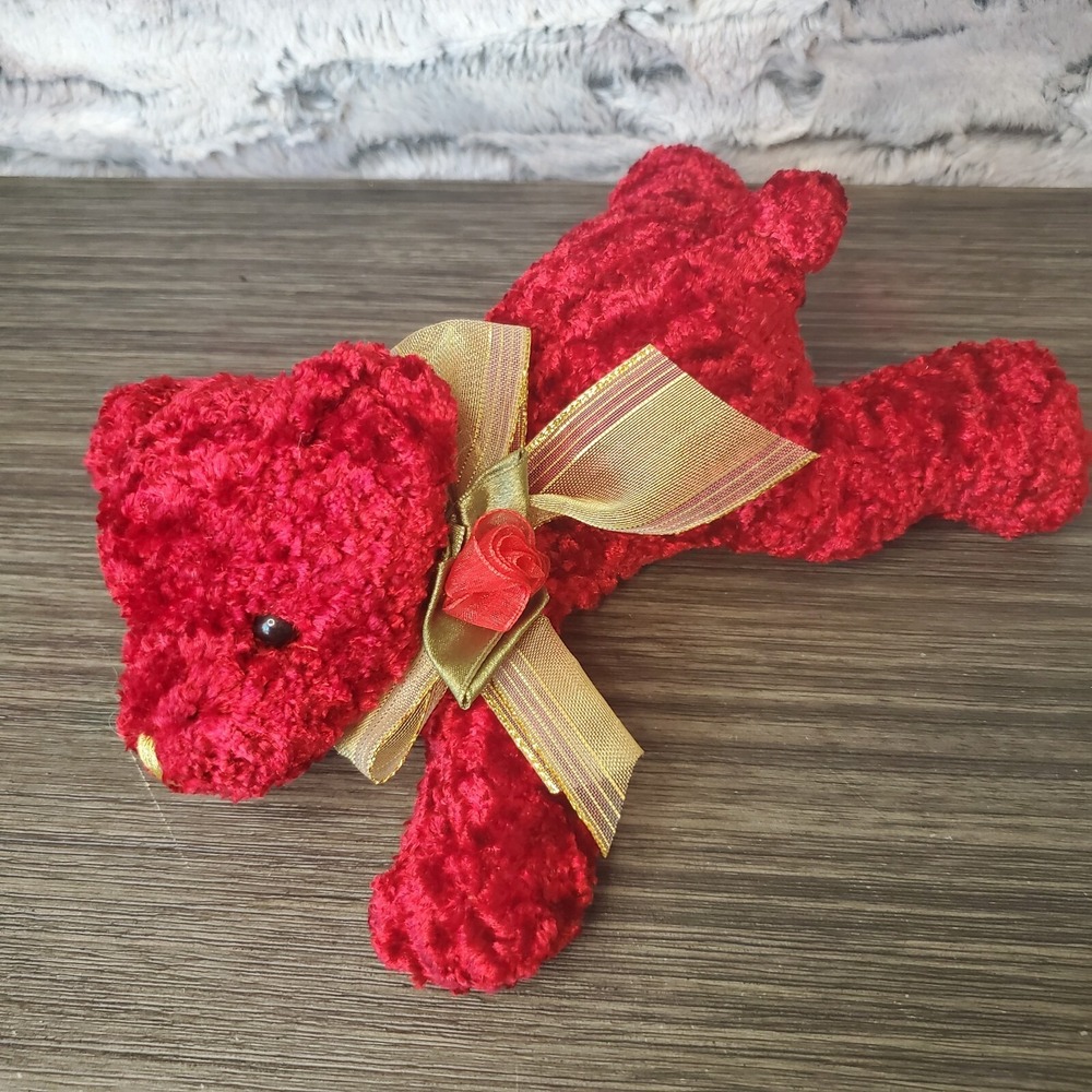 Dan Dee Red Crushed Velvet Dog 9" Plush Stuffed Animal Toy Gold Mesh Bow Love